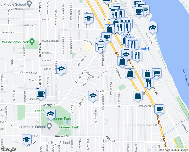 map of restaurants, bars, coffee shops, grocery stores, and more near 535 Yakima Street in Wenatchee