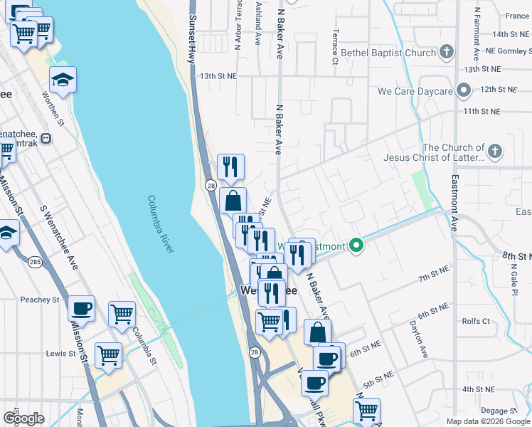 map of restaurants, bars, coffee shops, grocery stores, and more near 109 11th Street Northeast in East Wenatchee