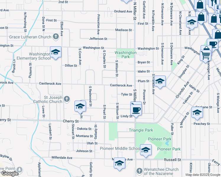 map of restaurants, bars, coffee shops, grocery stores, and more near 430 South Wilson Street in Wenatchee