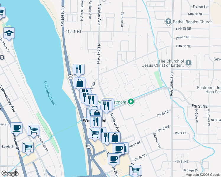 map of restaurants, bars, coffee shops, grocery stores, and more near 939 North Baker Avenue in East Wenatchee