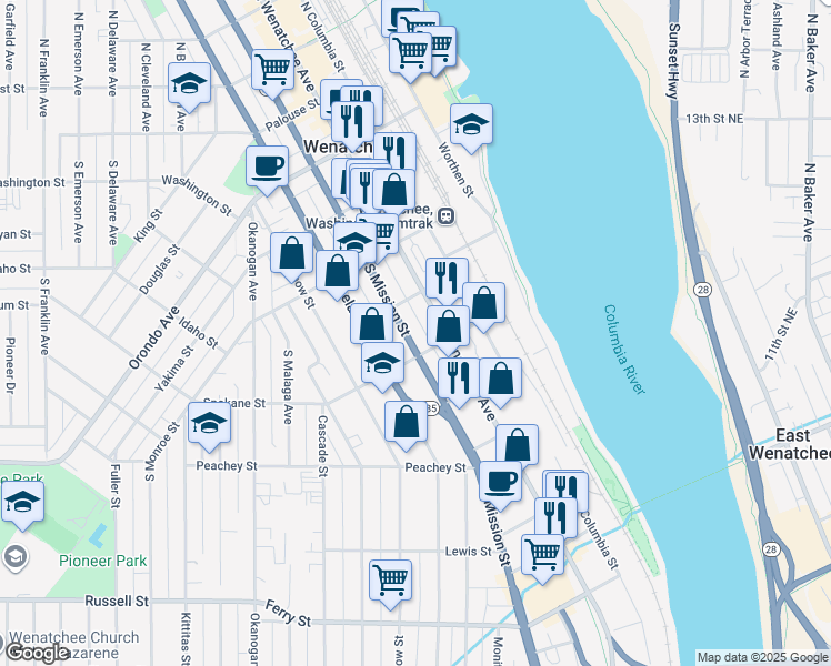 map of restaurants, bars, coffee shops, grocery stores, and more near 509 South Mission Street in Wenatchee