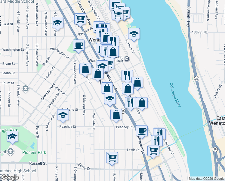 map of restaurants, bars, coffee shops, grocery stores, and more near 429 South Chelan Avenue in Wenatchee