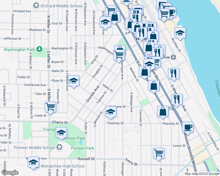 map of restaurants, bars, coffee shops, grocery stores, and more near 615 1/2 Yakima Street in Wenatchee