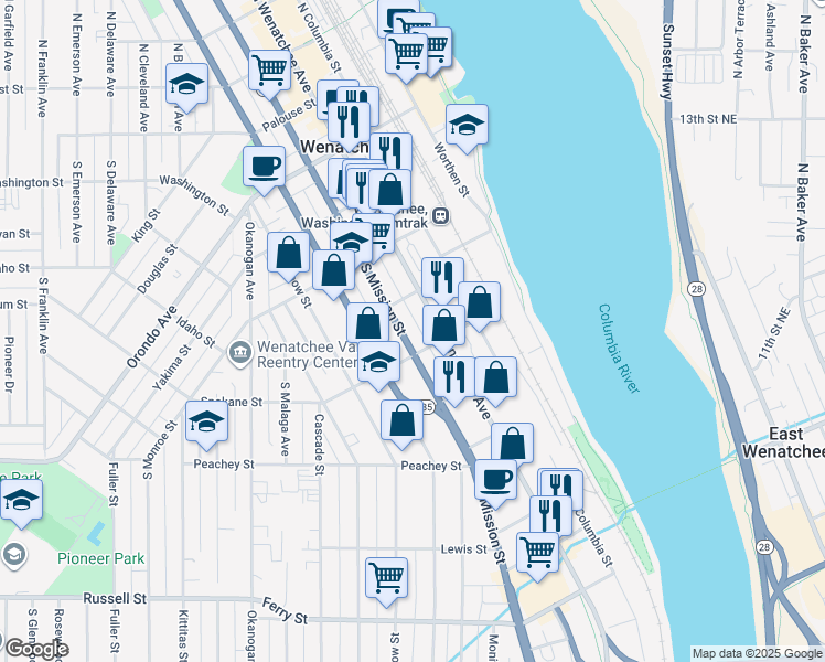 map of restaurants, bars, coffee shops, grocery stores, and more near 509 South Mission Street in Wenatchee
