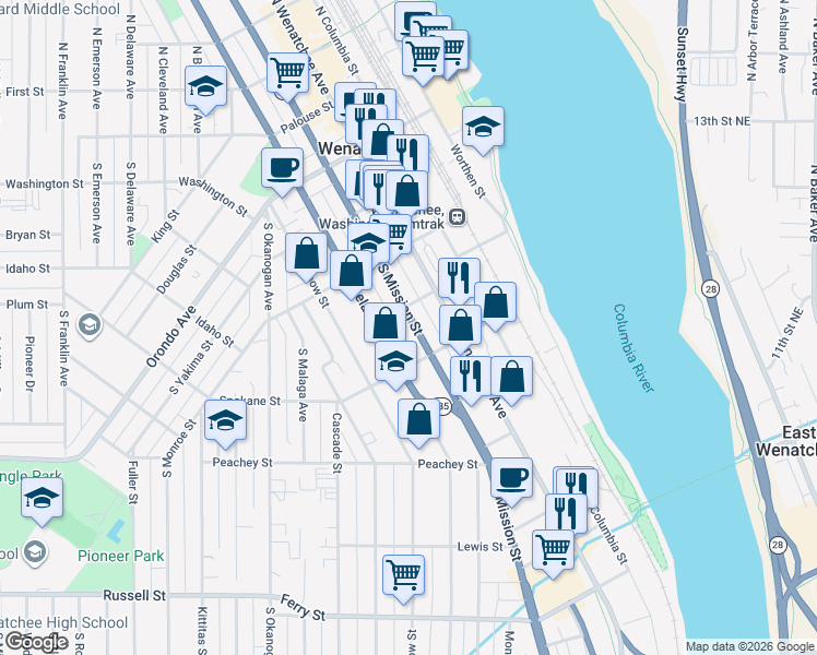 map of restaurants, bars, coffee shops, grocery stores, and more near 429 South Chelan Avenue in Wenatchee