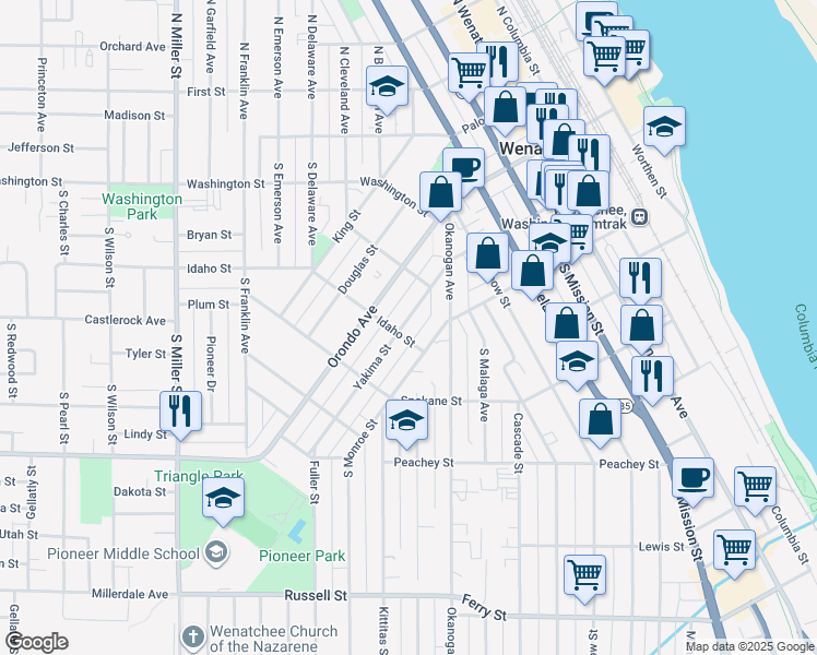 map of restaurants, bars, coffee shops, grocery stores, and more near 2 South Okanogan Avenue in Wenatchee