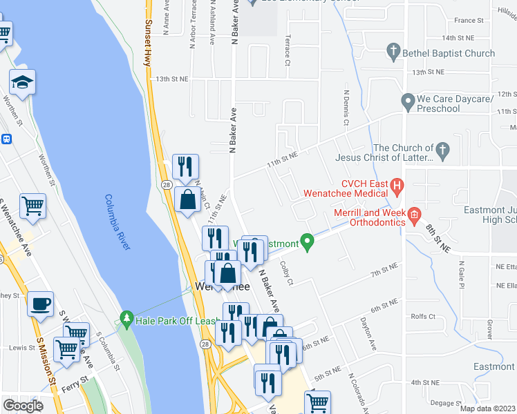 map of restaurants, bars, coffee shops, grocery stores, and more near 1013 North Baker Avenue in East Wenatchee