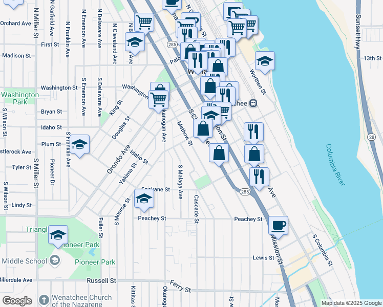 map of restaurants, bars, coffee shops, grocery stores, and more near 302 Methow Street in Wenatchee