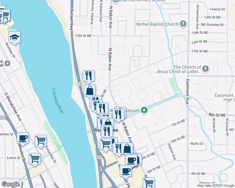 map of restaurants, bars, coffee shops, grocery stores, and more near 210 11th Street Northeast in East Wenatchee