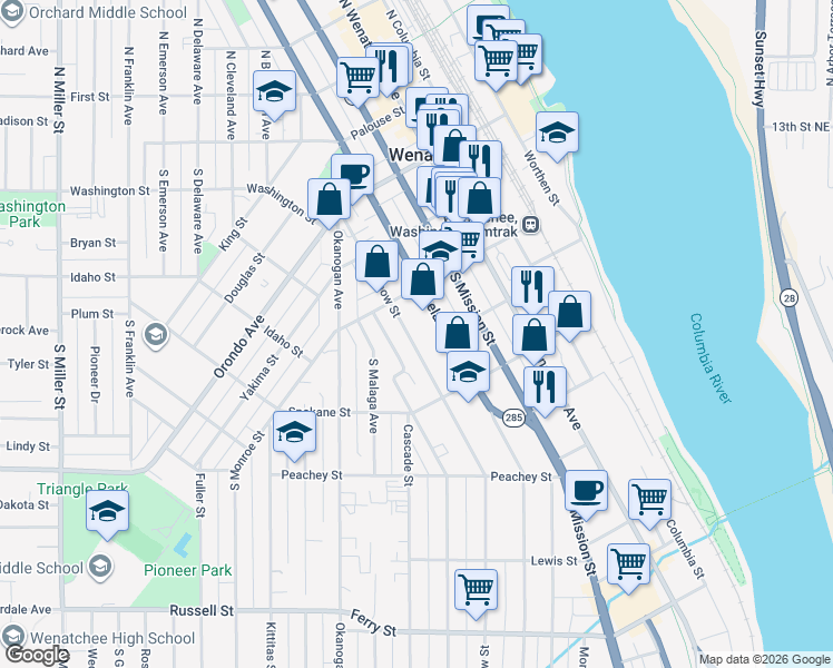 map of restaurants, bars, coffee shops, grocery stores, and more near 110 South Wenatchee Avenue in Wenatchee