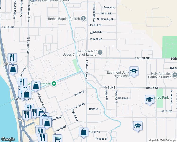 map of restaurants, bars, coffee shops, grocery stores, and more near in East Wenatchee