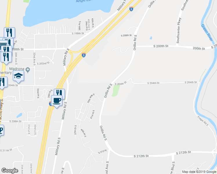 map of restaurants, bars, coffee shops, grocery stores, and more near 20453 Orillia Rd S in Kent