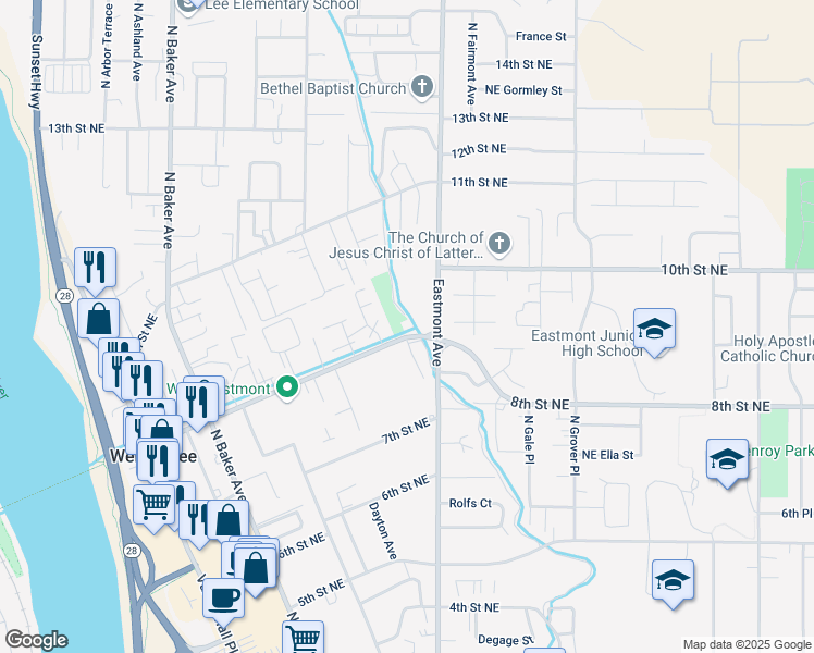 map of restaurants, bars, coffee shops, grocery stores, and more near 485 9th Street Northeast in East Wenatchee