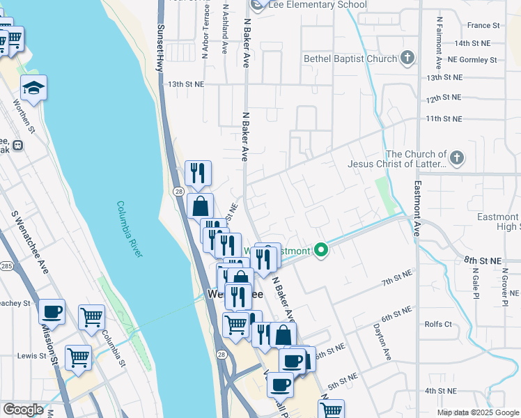 map of restaurants, bars, coffee shops, grocery stores, and more near 210 11th Street Northeast in East Wenatchee