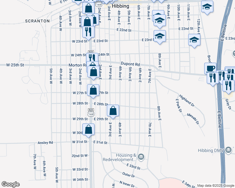 map of restaurants, bars, coffee shops, grocery stores, and more near 2622 3rd Avenue East in Hibbing