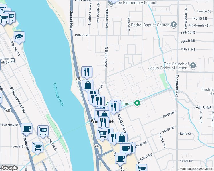 map of restaurants, bars, coffee shops, grocery stores, and more near 1051 North Baker Avenue in East Wenatchee