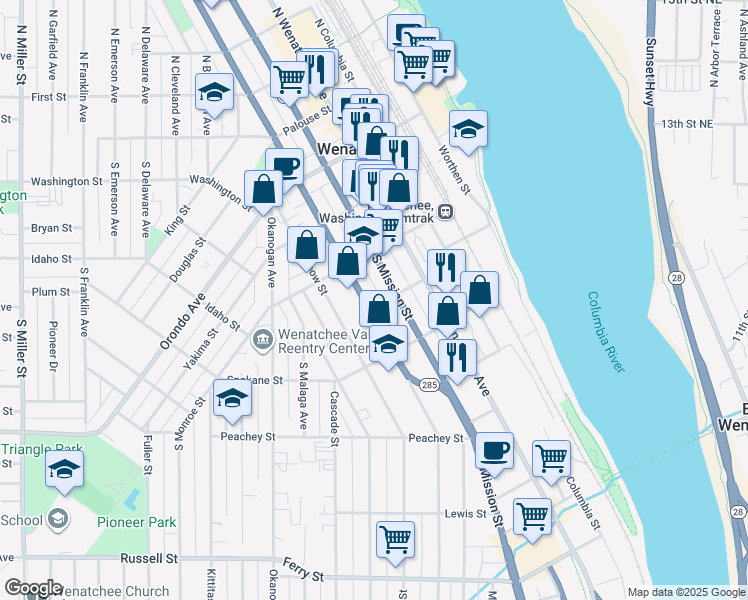 map of restaurants, bars, coffee shops, grocery stores, and more near 328 South Mission Street in Wenatchee