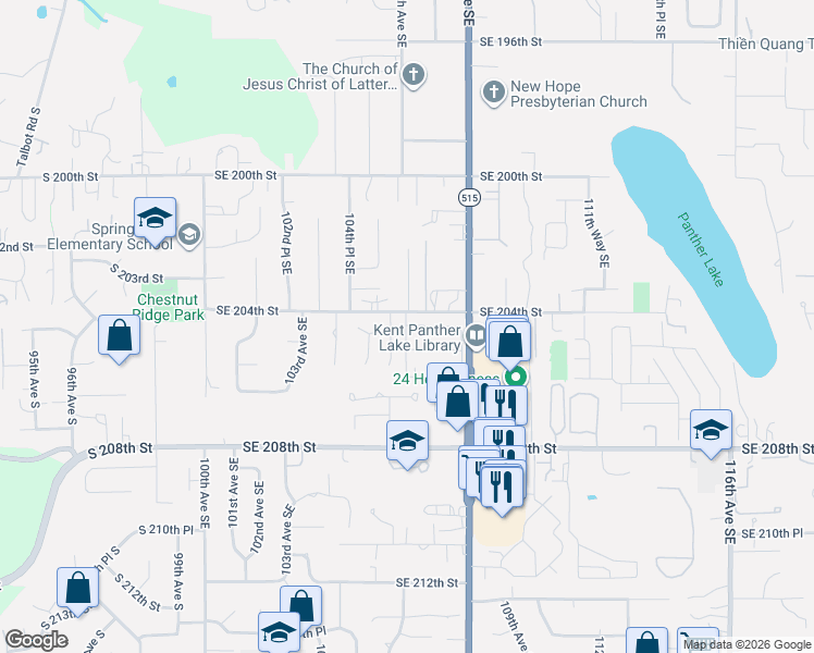 map of restaurants, bars, coffee shops, grocery stores, and more near 20256 106th Avenue Southeast in Kent