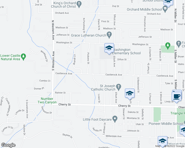 map of restaurants, bars, coffee shops, grocery stores, and more near 1501 Castlerock Avenue in Wenatchee