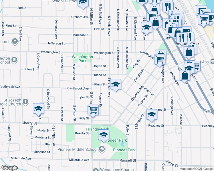 map of restaurants, bars, coffee shops, grocery stores, and more near 906 Plum Street in Wenatchee
