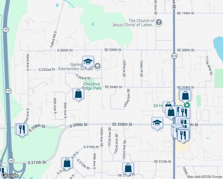 map of restaurants, bars, coffee shops, grocery stores, and more near 10024 Southeast 204th Street in Kent