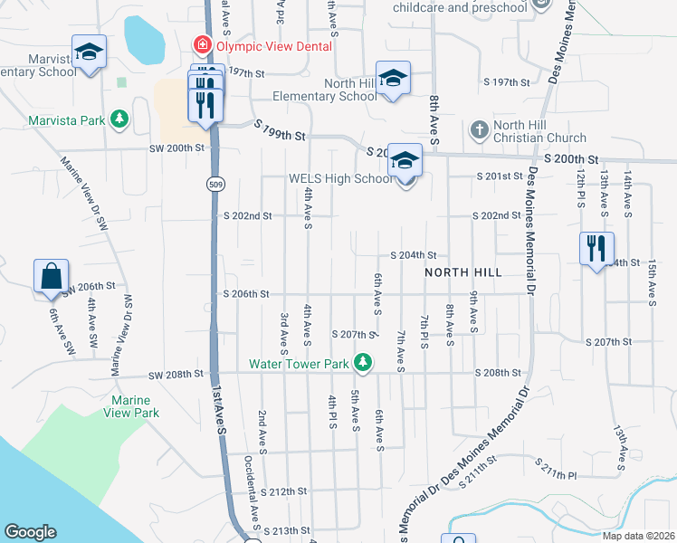 map of restaurants, bars, coffee shops, grocery stores, and more near 20416 4th Place South in Des Moines