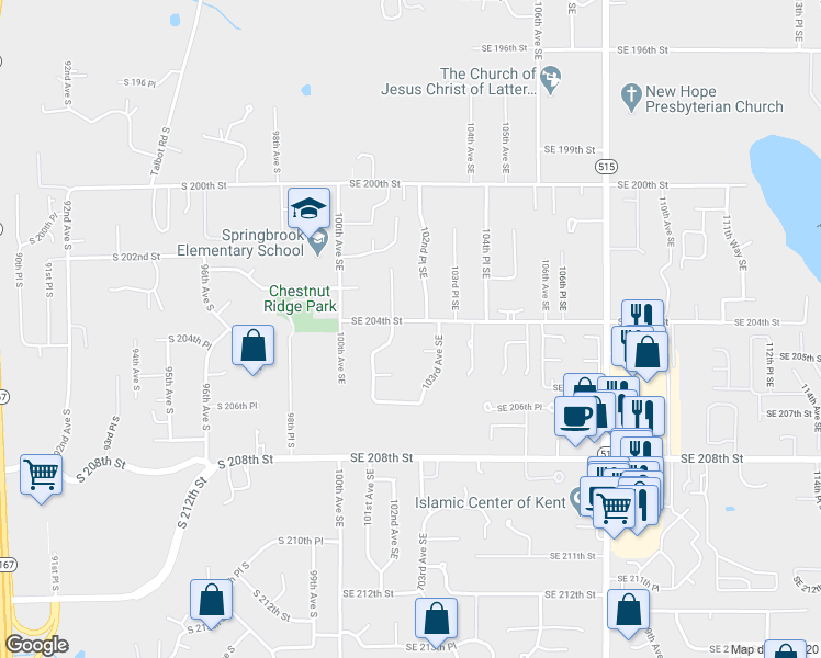 map of restaurants, bars, coffee shops, grocery stores, and more near 10203 Southeast 204th Street in Kent
