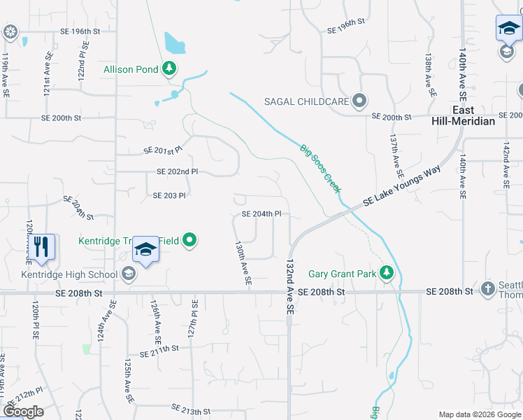 map of restaurants, bars, coffee shops, grocery stores, and more near 13040 Southeast 204th Place in Kent