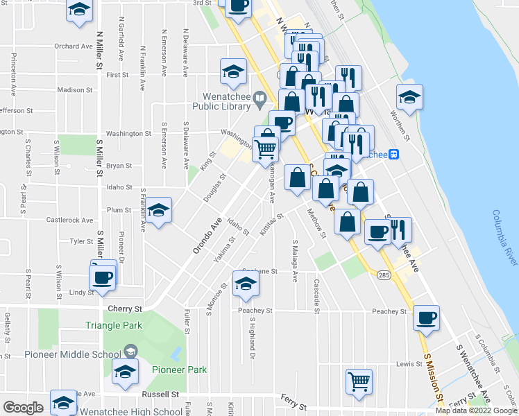 map of restaurants, bars, coffee shops, grocery stores, and more near 505 Yakima Street in Wenatchee