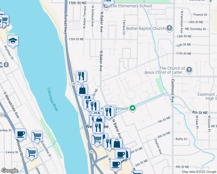 map of restaurants, bars, coffee shops, grocery stores, and more near 1051 North Baker Avenue in East Wenatchee