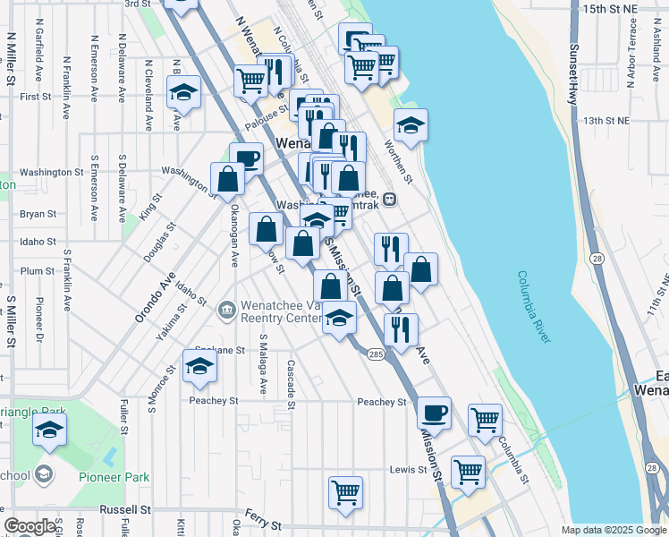 map of restaurants, bars, coffee shops, grocery stores, and more near 328 South Mission Street in Wenatchee