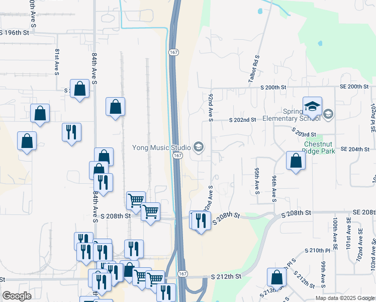 map of restaurants, bars, coffee shops, grocery stores, and more near 20329 90th Place South in Kent