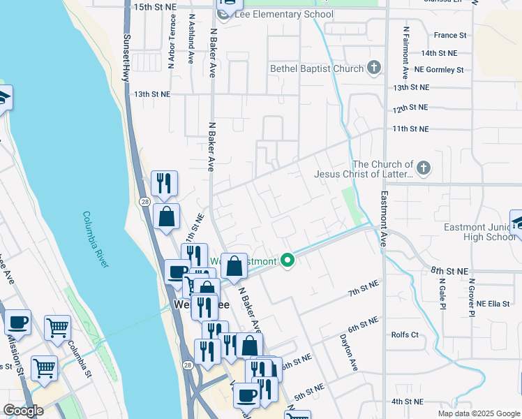 map of restaurants, bars, coffee shops, grocery stores, and more near 1056 Corum Circle in East Wenatchee