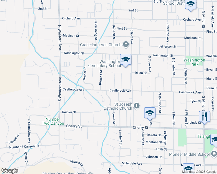 map of restaurants, bars, coffee shops, grocery stores, and more near 1514 Castlerock Avenue in Wenatchee