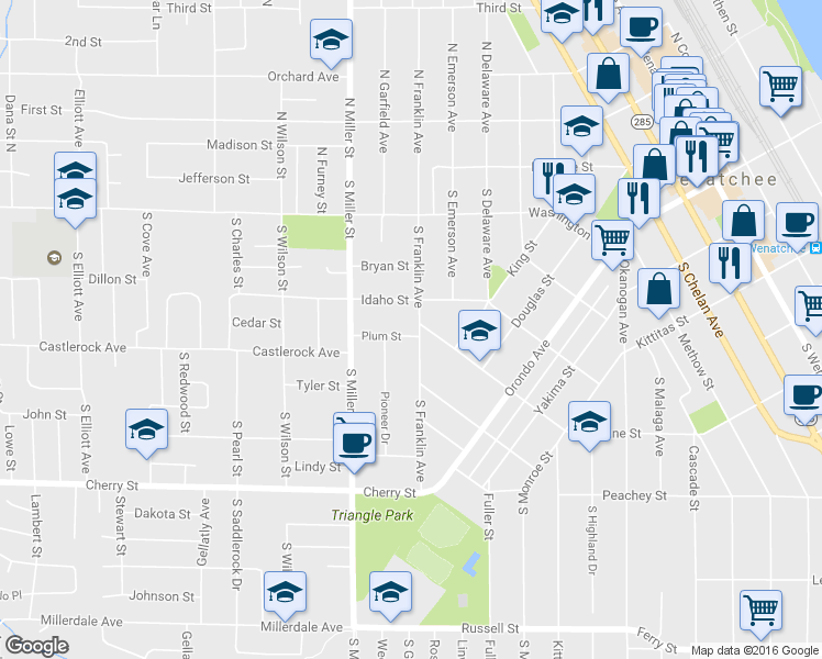 map of restaurants, bars, coffee shops, grocery stores, and more near 906 Plum Street in Wenatchee