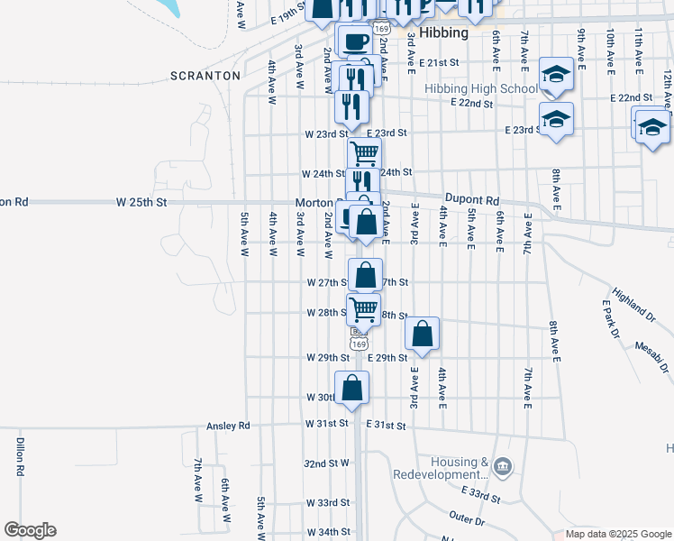 map of restaurants, bars, coffee shops, grocery stores, and more near 2626 2nd Avenue West in Hibbing