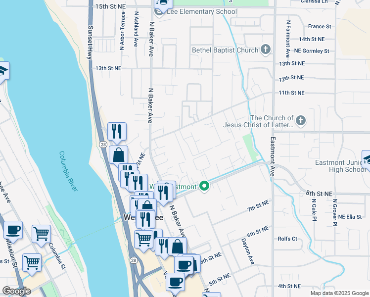 map of restaurants, bars, coffee shops, grocery stores, and more near 1056 Corum Circle in East Wenatchee