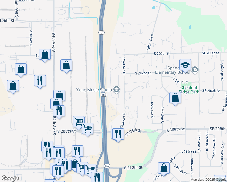 map of restaurants, bars, coffee shops, grocery stores, and more near 20329 90th Place South in Kent