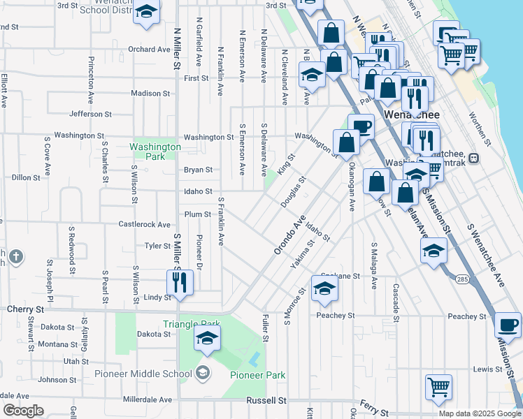 map of restaurants, bars, coffee shops, grocery stores, and more near 615 King Street in Wenatchee