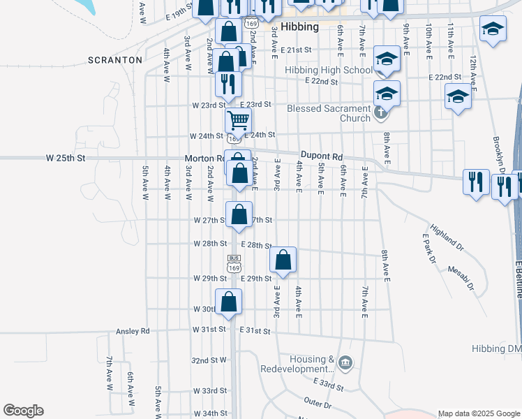 map of restaurants, bars, coffee shops, grocery stores, and more near 2622 2nd Avenue East in Hibbing