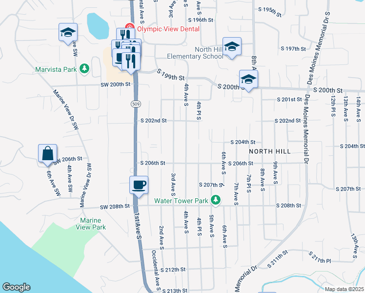 map of restaurants, bars, coffee shops, grocery stores, and more near 20411 4th Avenue South in Des Moines