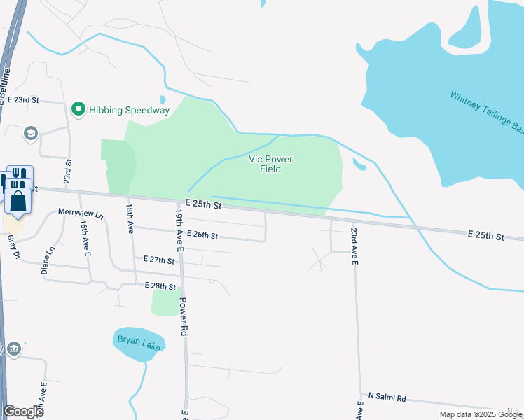 map of restaurants, bars, coffee shops, grocery stores, and more near East 25th Street in Hibbing