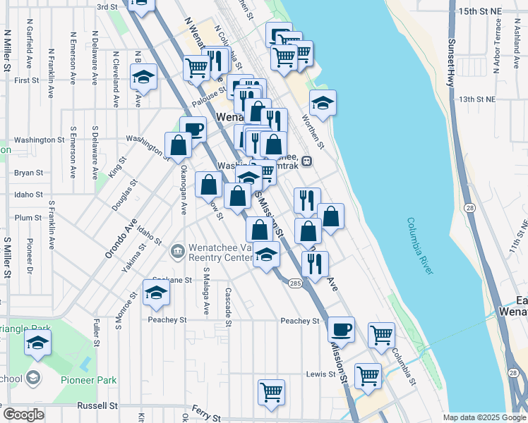 map of restaurants, bars, coffee shops, grocery stores, and more near 328 South Mission Street in Wenatchee