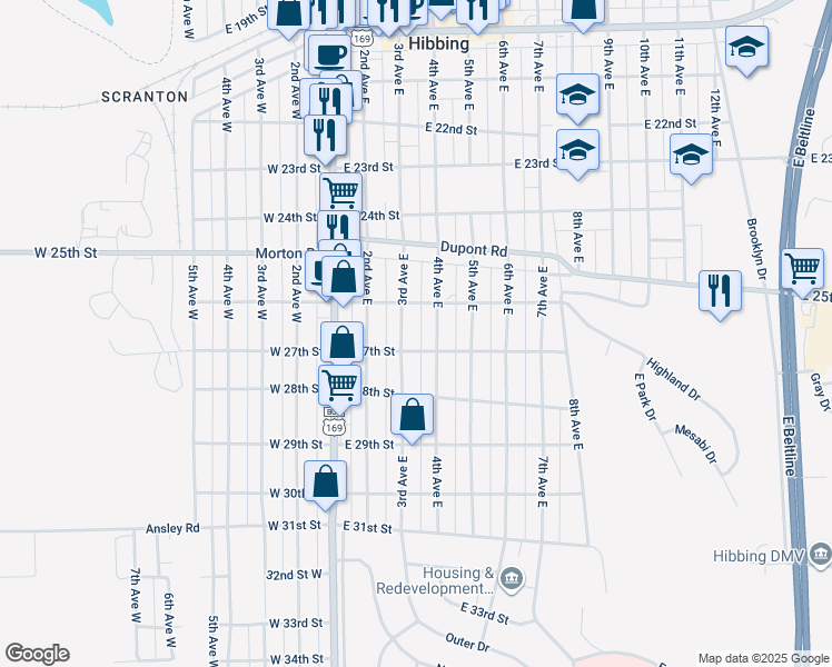 map of restaurants, bars, coffee shops, grocery stores, and more near 2622 3rd Avenue East in Hibbing