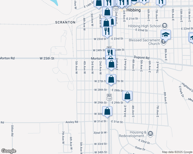 map of restaurants, bars, coffee shops, grocery stores, and more near 2624 3rd Avenue West in Hibbing