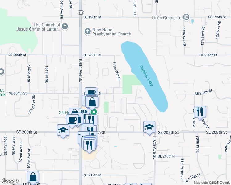 map of restaurants, bars, coffee shops, grocery stores, and more near 20338 111th Avenue Southeast in Kent