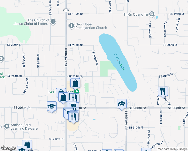 map of restaurants, bars, coffee shops, grocery stores, and more near 20338 111th Avenue Southeast in Kent