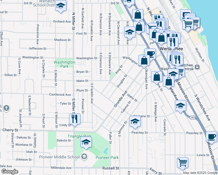 map of restaurants, bars, coffee shops, grocery stores, and more near 615 King Street in Wenatchee