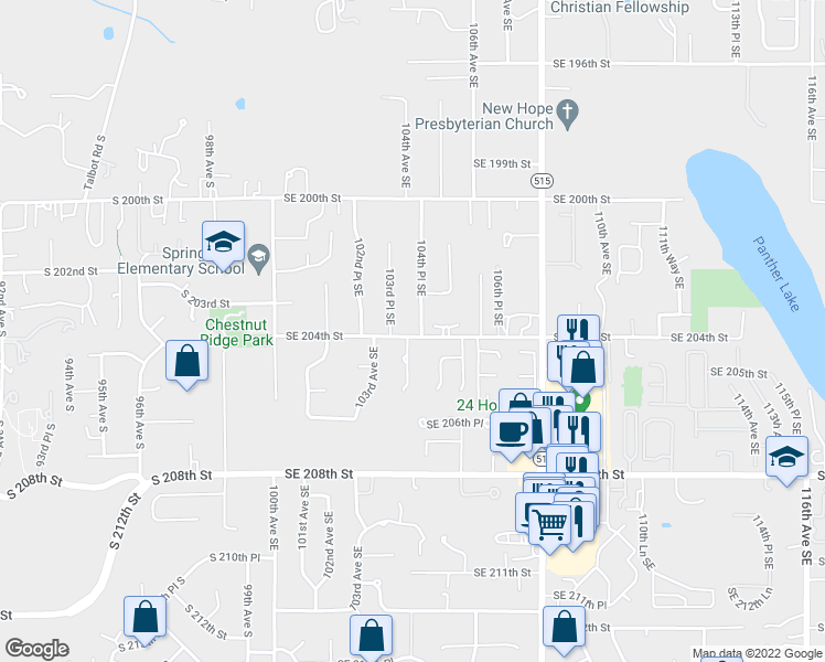 map of restaurants, bars, coffee shops, grocery stores, and more near 20253 104th Place Southeast in Kent