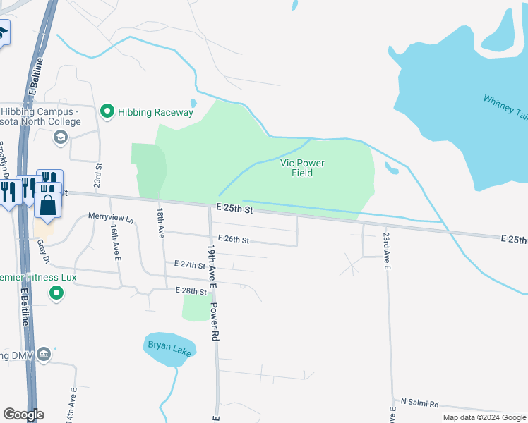 map of restaurants, bars, coffee shops, grocery stores, and more near East 25th Street in Hibbing